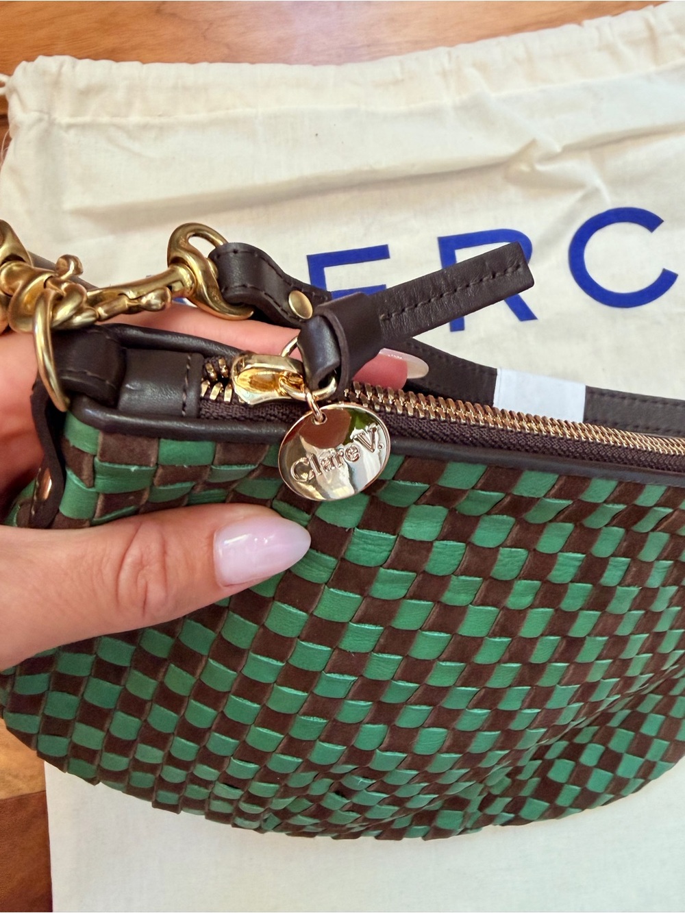 Clare V. Petit Moyen Pine/Chocolate Woven Checker Crossbody Bag + Dust Bag - Picture 4 of 8